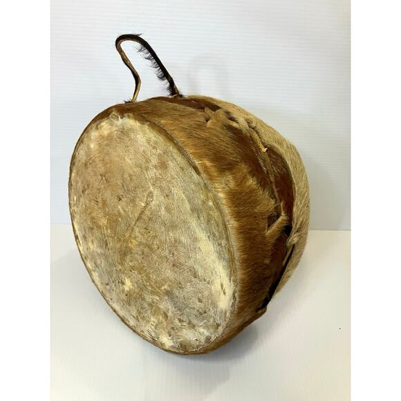Vtg Rawhide Log Drum Fur Double Sided 11” Handheld Native / African Instrument - Picture 1 of 5